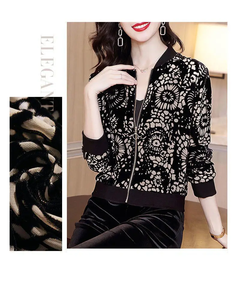 Black Floral Velvet Bomper Jacket for Women — feature 9