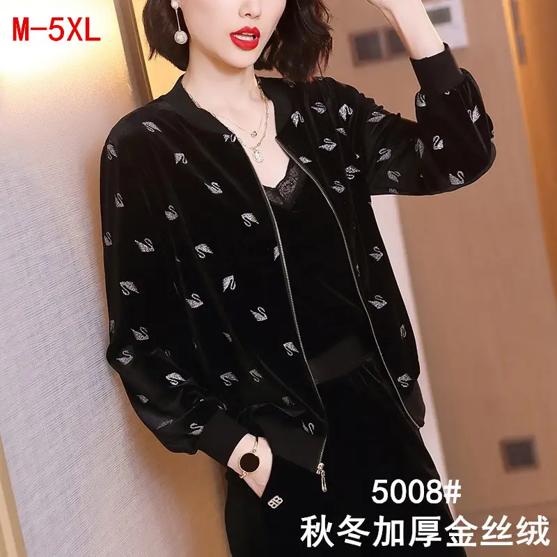 Black Floral Velvet Bomper Jacket for Women - Image 2