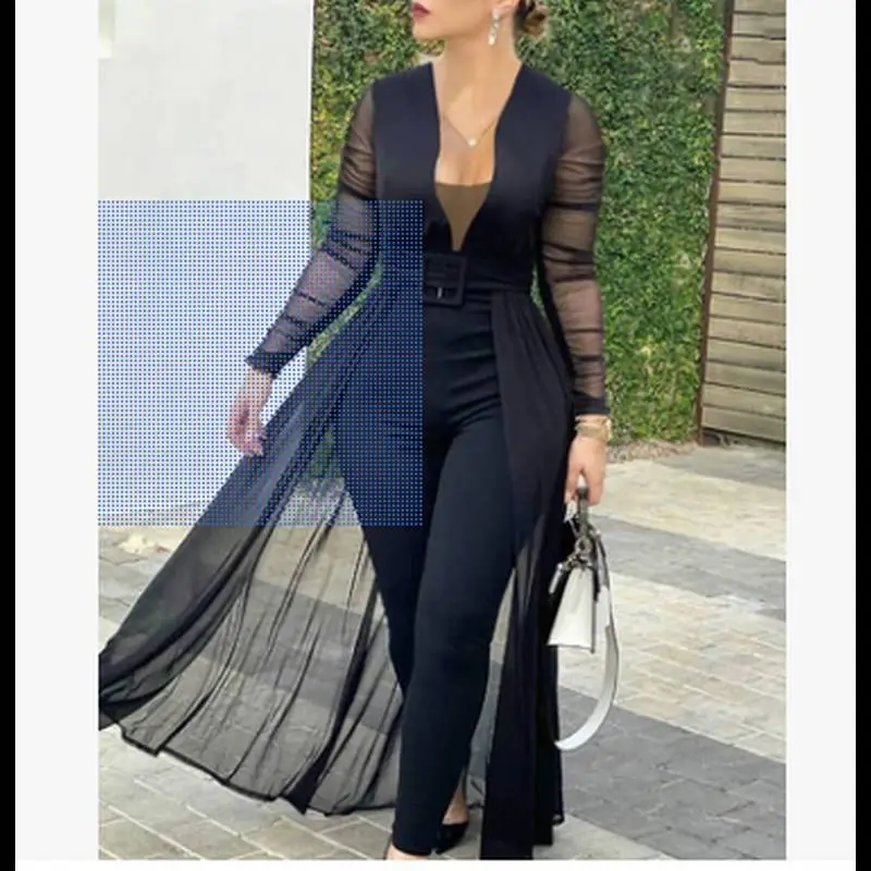 European American Culottes New Pure Color Deep V Neck Long Sleeve Slim Jumpsuit Q033