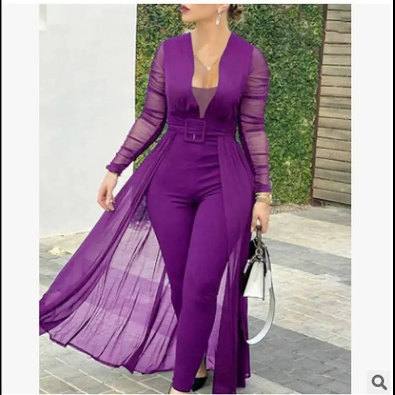 European American Culottes New Pure Color Deep V Neck Long Sleeve Slim Jumpsuit Q033