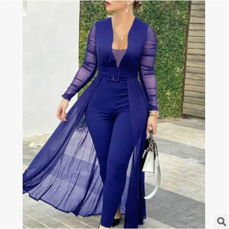 European American Culottes New Pure Color Deep V Neck Long Sleeve Slim Jumpsuit Q033