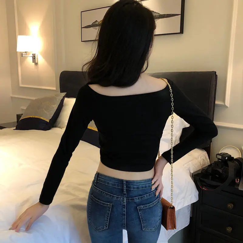 Women Long Sleeve Cropped Top Brown Korean Style - Image 9