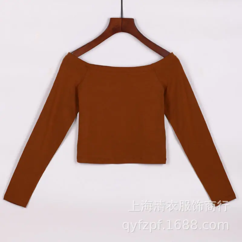 Women Long Sleeve Cropped Top Brown Korean Style - Image 3