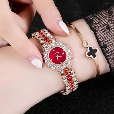 Women's Full Diamond Bracelet Watch Red Dial Korean Style - Image 6