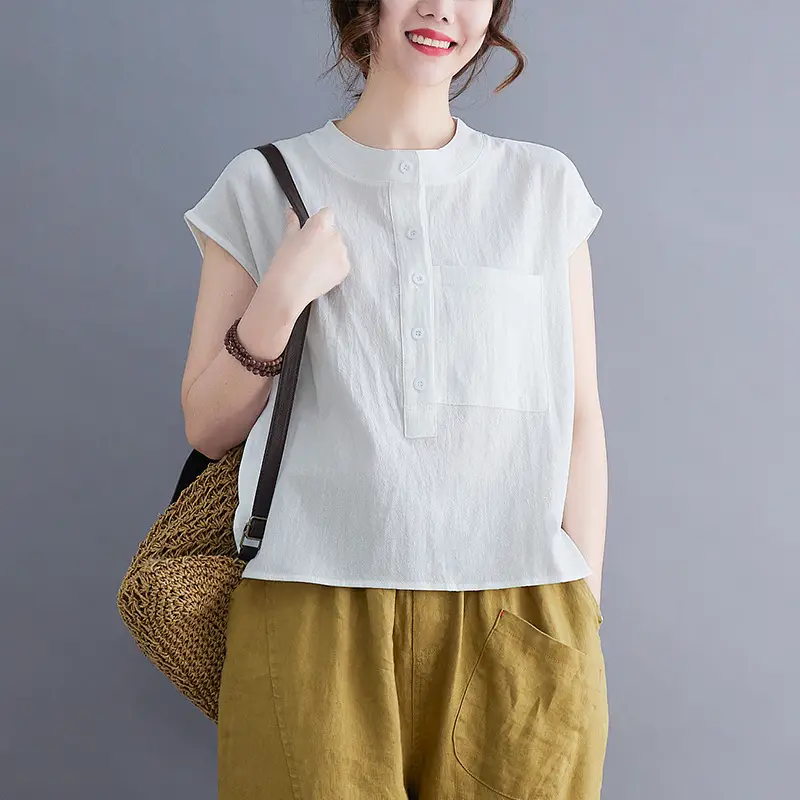 Women Black Flap Pocket Button Collar Shirt Cotton Linen