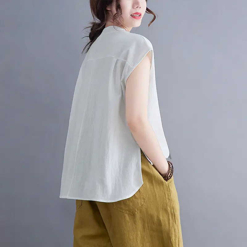 Women Black Flap Pocket Button Collar Shirt Cotton Linen