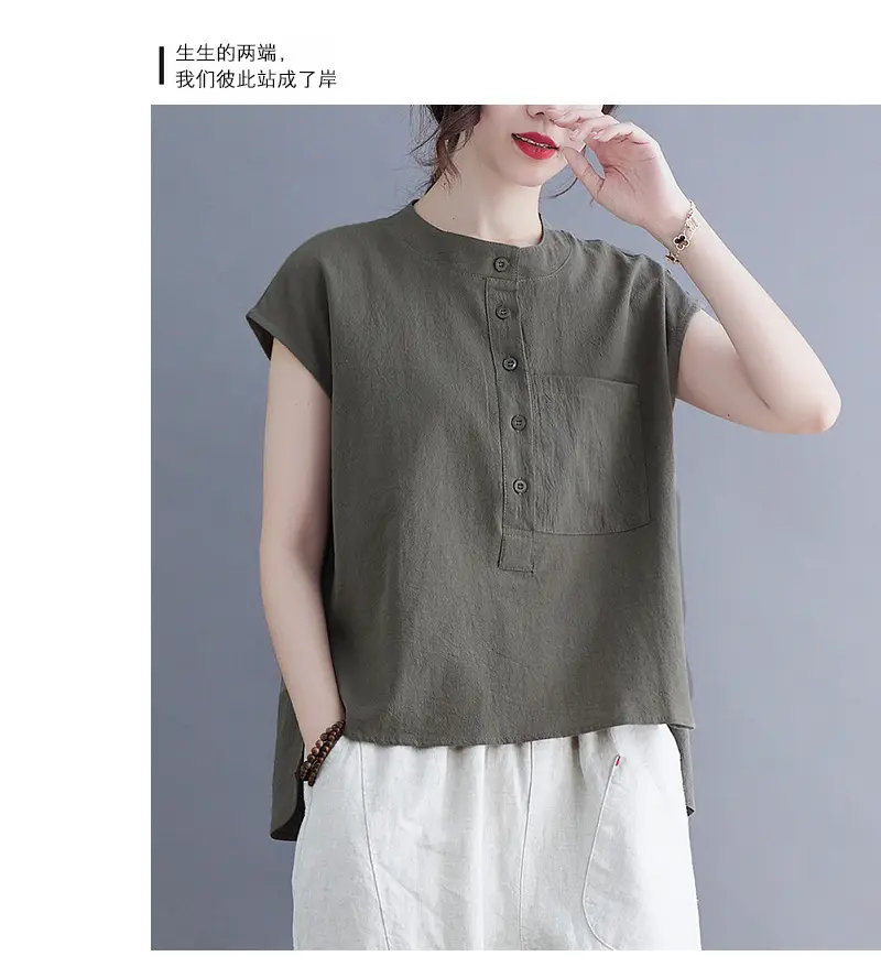 Women Black Flap Pocket Button Collar Shirt Cotton Linen — feature 11
