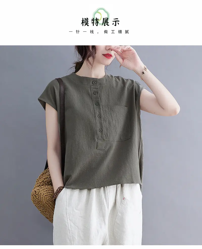 Women Black Flap Pocket Button Collar Shirt Cotton Linen — feature 7