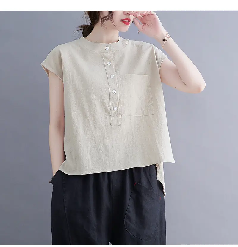 Women Black Flap Pocket Button Collar Shirt Cotton Linen