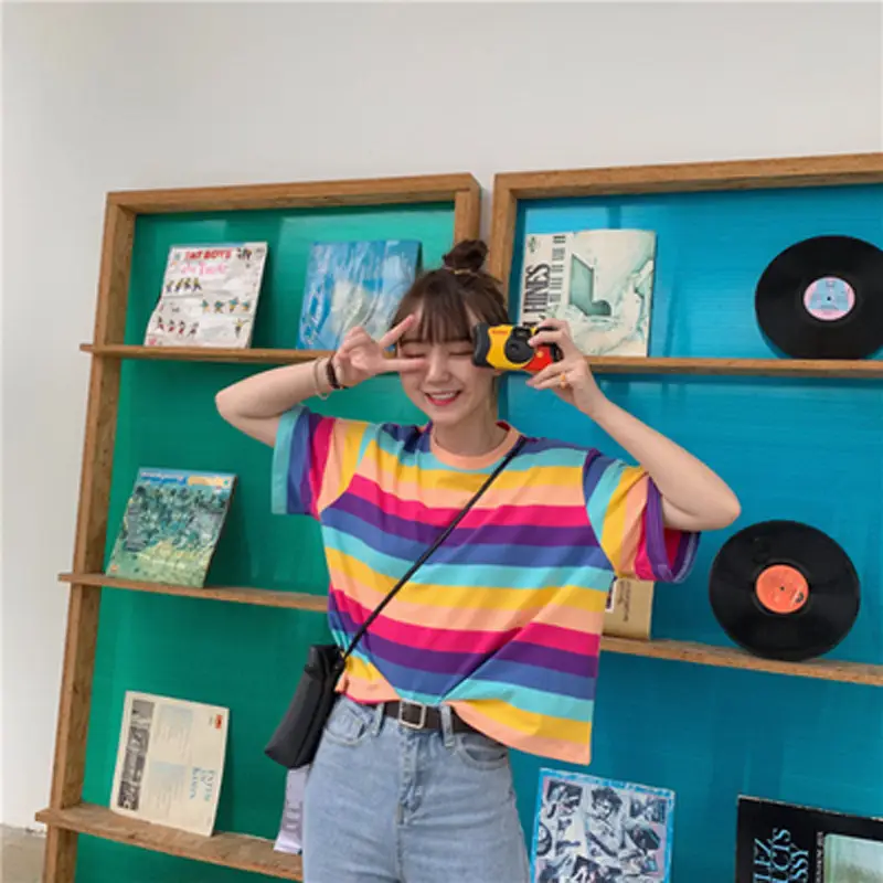 Rainbow Striped Loose Top T-Shirt for Girls Summer - Image 3
