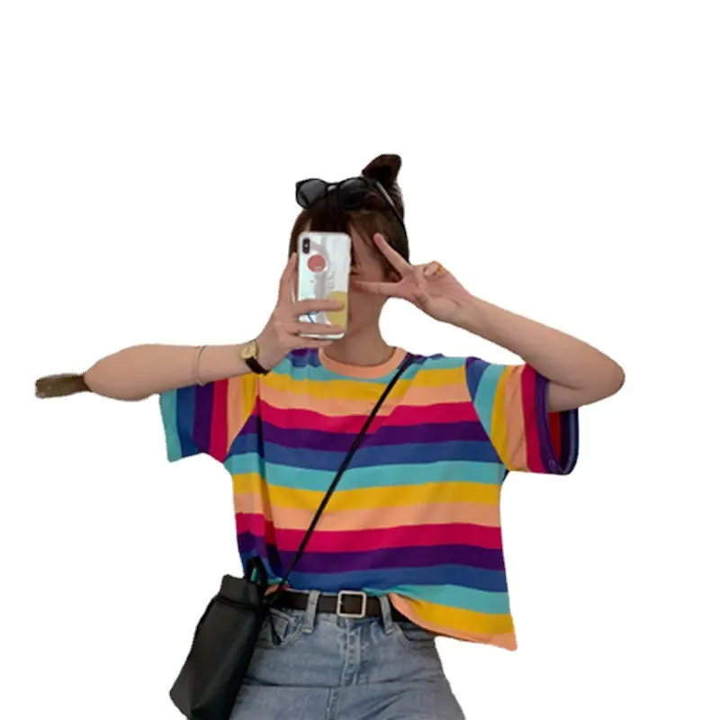 Rainbow Striped Loose Top T-Shirt for Girls Summer - Image 5