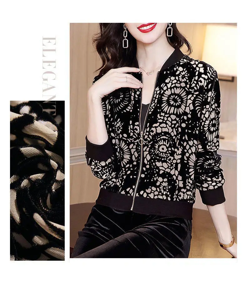 Gold Velvet Floral Jacket Women M-5XL Autumn Winter — feature 9