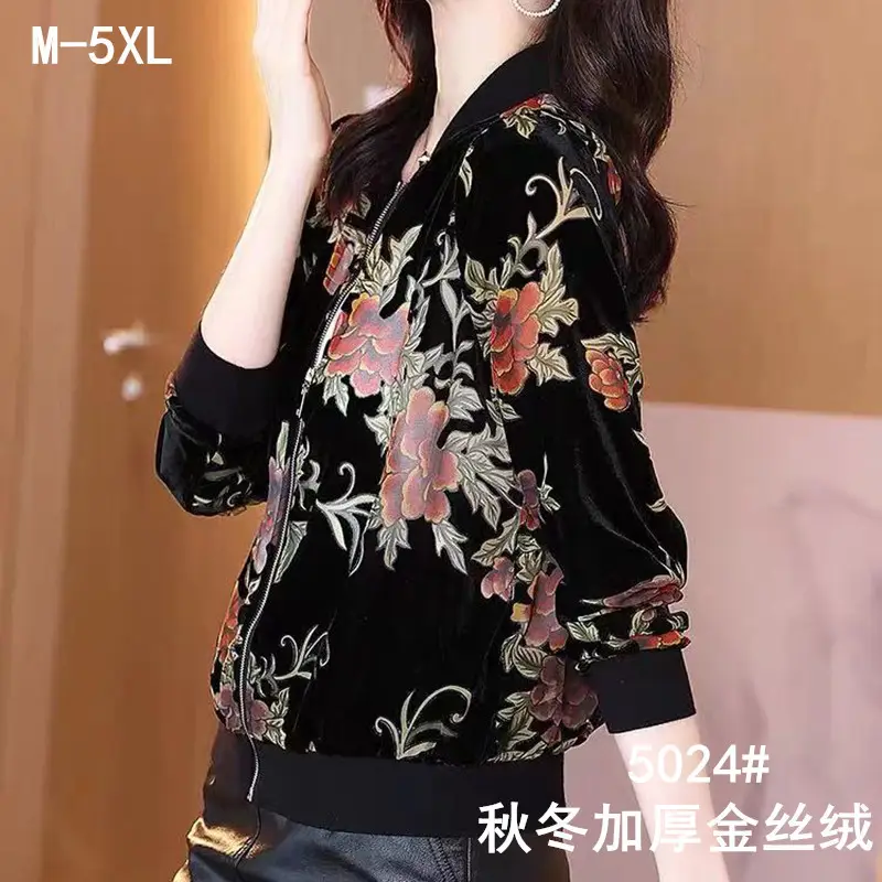 Gold Velvet Floral Jacket Women M-5XL Autumn Winter - Image 5