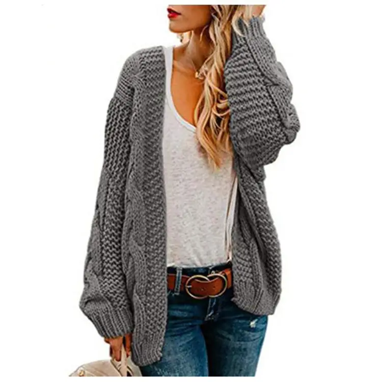 Women's Thick Needle Twist Knit Cardigan Grey Mid Length