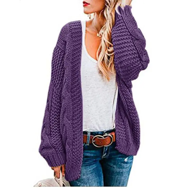 Women's Thick Needle Twist Knit Cardigan Grey Mid Length