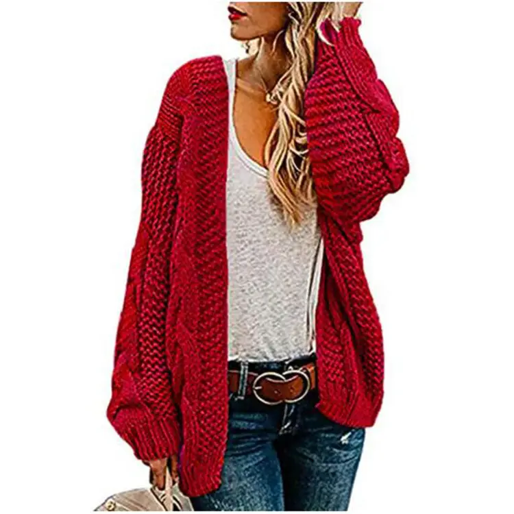 Women's Thick Needle Twist Knit Cardigan Grey Mid Length