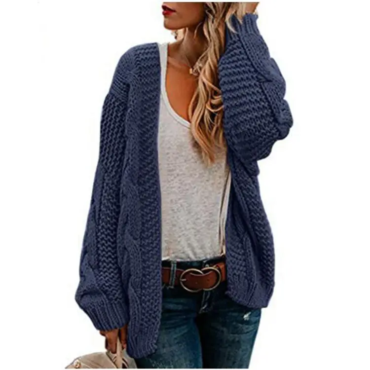 Women's Thick Needle Twist Knit Cardigan Grey Mid Length