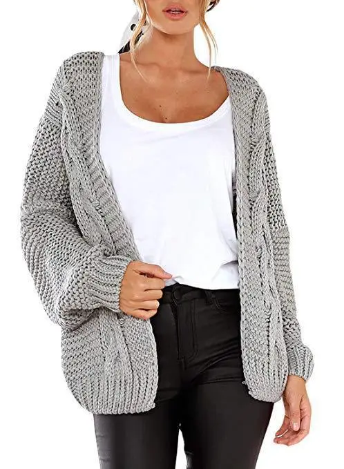 Women's Thick Needle Twist Knit Cardigan Grey Mid Length