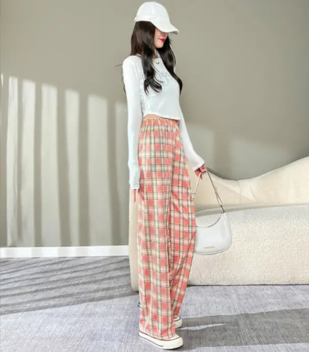 Women Plaid Wide Leg Pants High Waist Slimming 2025 - Image 8