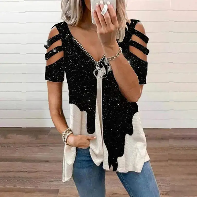 Women's 2023 V-Neck Zipper T-Shirt Orange - Image 10