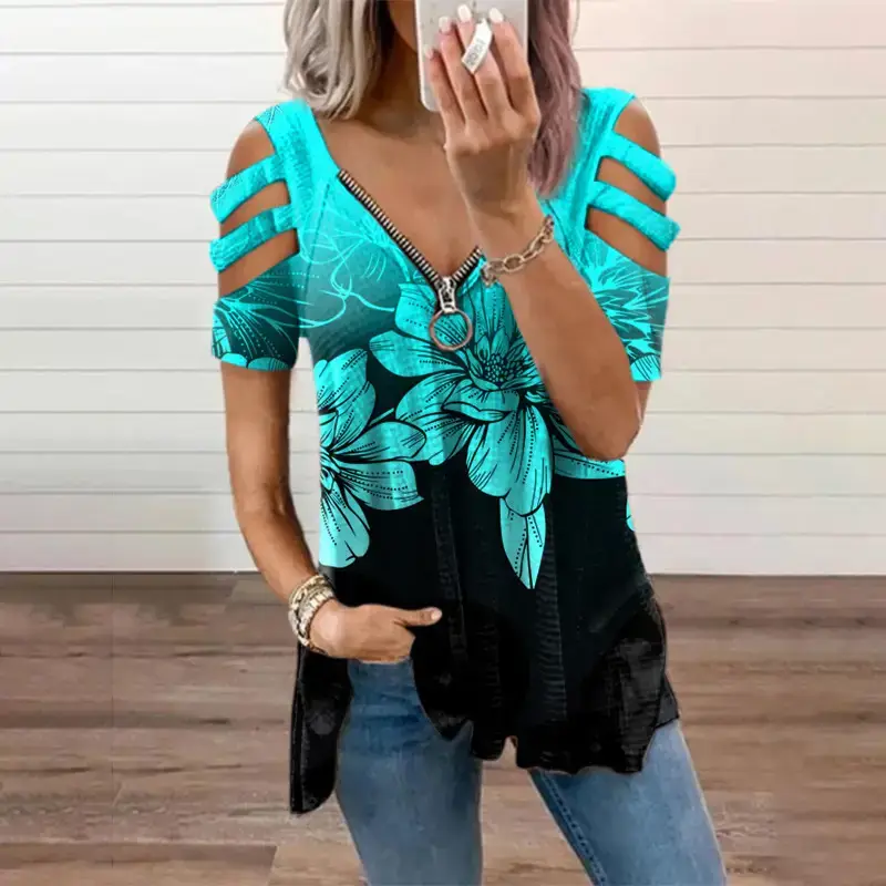 Women's 2023 V-Neck Zipper T-Shirt Orange - Image 12