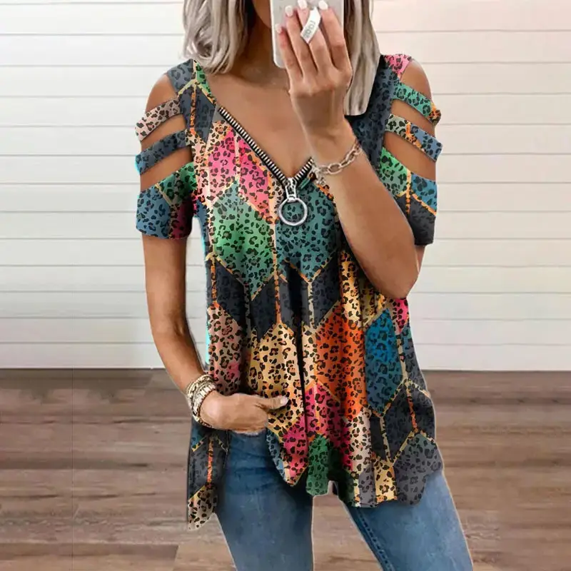 Women's 2023 V-Neck Zipper T-Shirt Orange - Image 15
