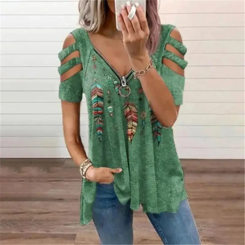 Women's 2023 V-Neck Zipper T-Shirt Orange - Image 2