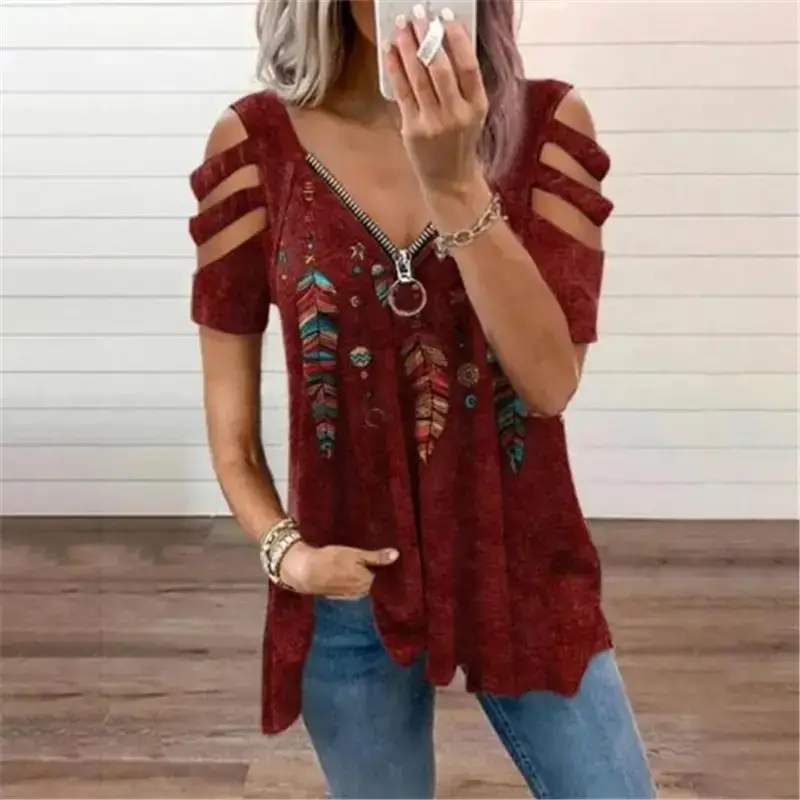 Women's 2023 V-Neck Zipper T-Shirt Orange - Image 4