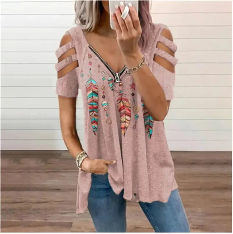 Women's 2023 V-Neck Zipper T-Shirt Orange - Image 5