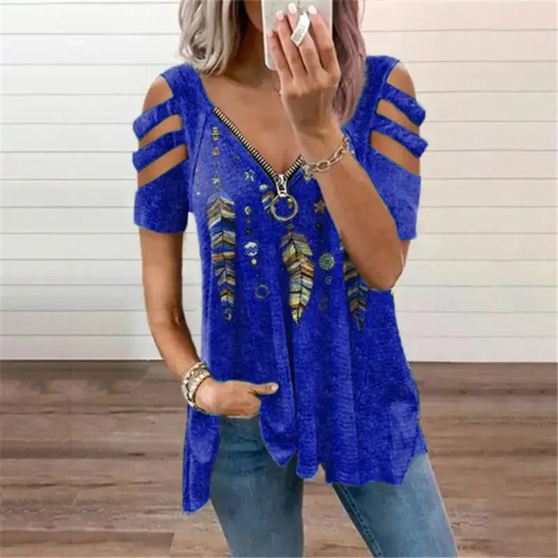 Women's 2023 V-Neck Zipper T-Shirt Orange - Image 6