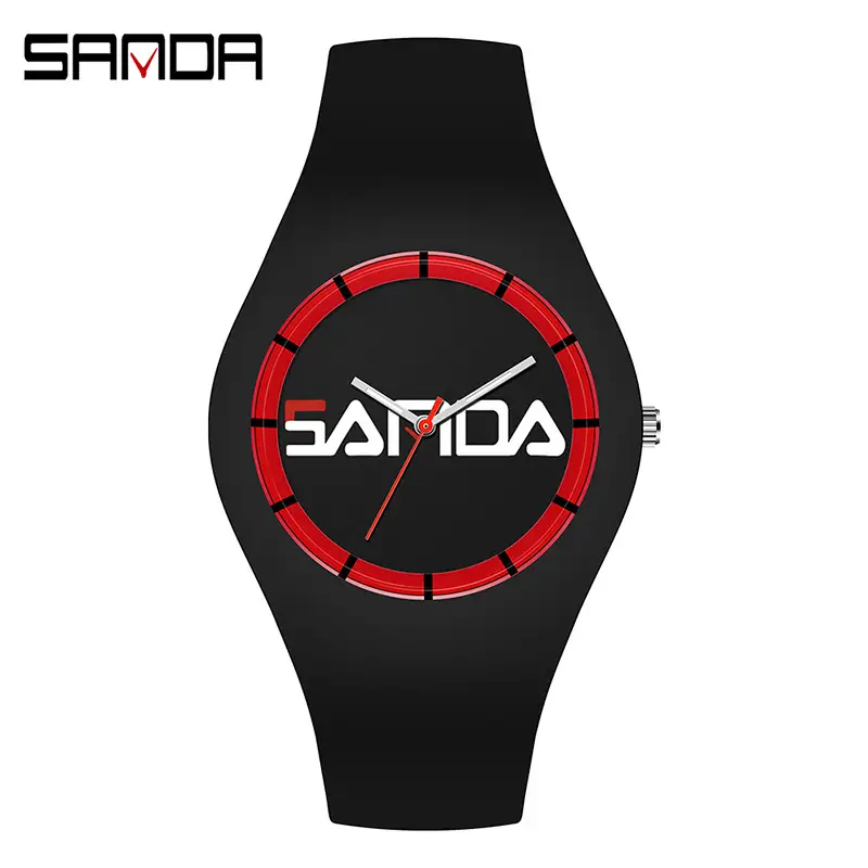 Sanda Waterproof Black Quartz Watch with Red Dial