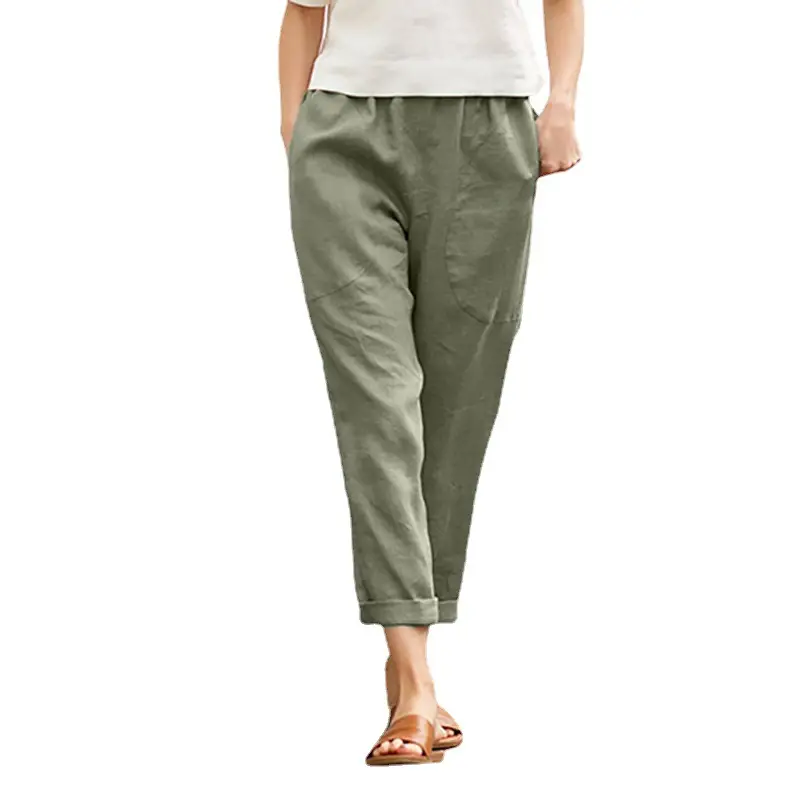 Women's Solid Color Straight Pants Cotton Linen Casual Pants - Image 12