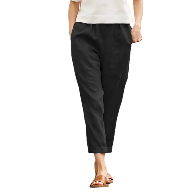 Women's Solid Color Straight Pants Cotton Linen Casual Pants - Image 5