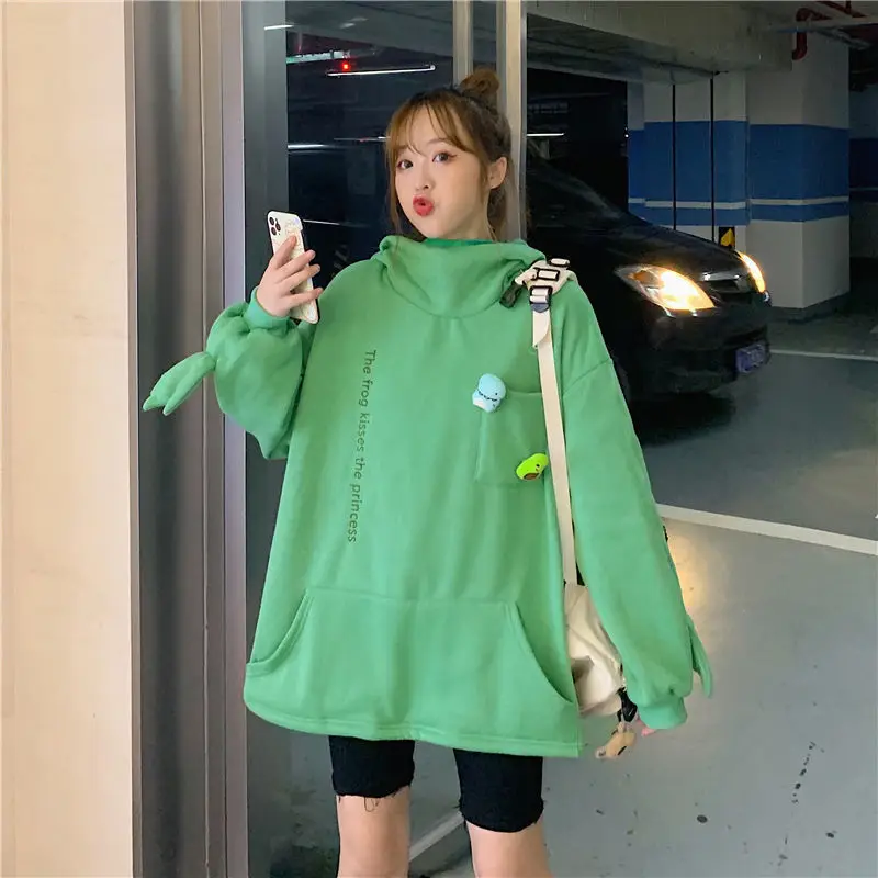 Women Korean Hoodie Set Green White Fleece Lined — feature 30