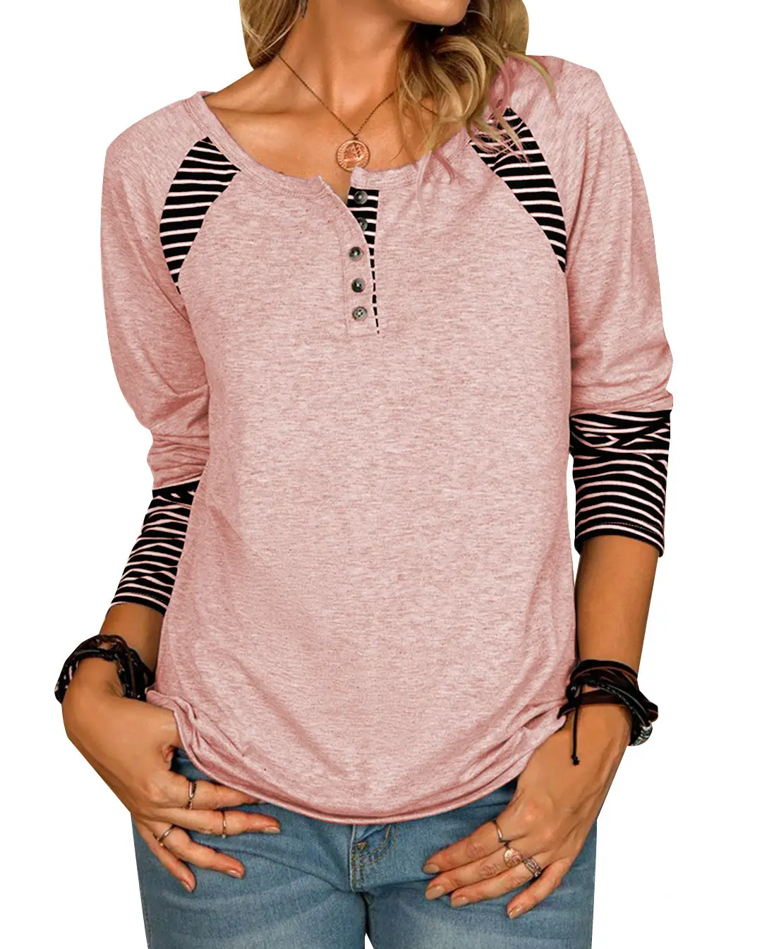 Women Long Sleeve Striped T-Shirt Grey with Button Front - Image 8