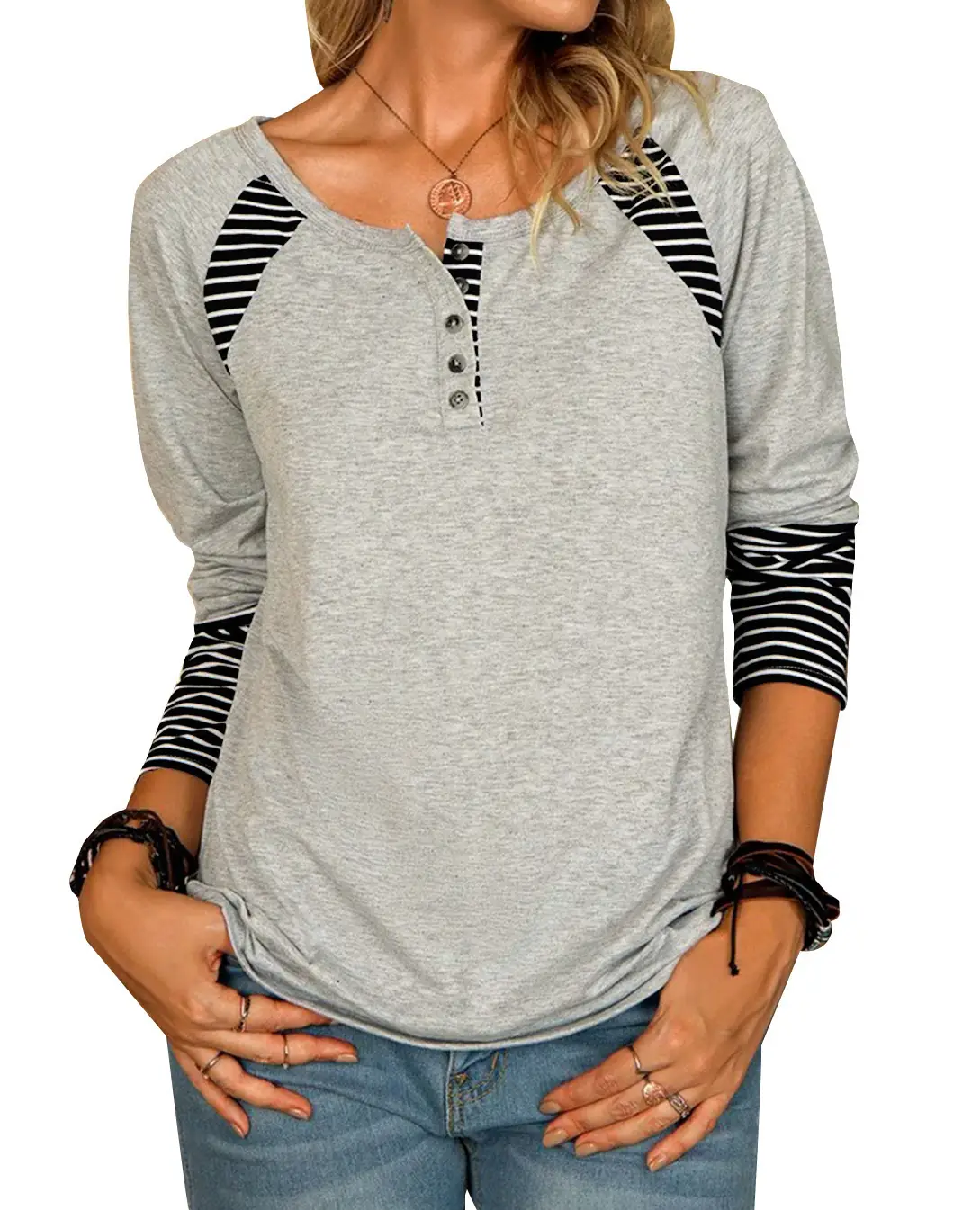 Women Long Sleeve Striped T-Shirt Grey with Button Front - Image 2