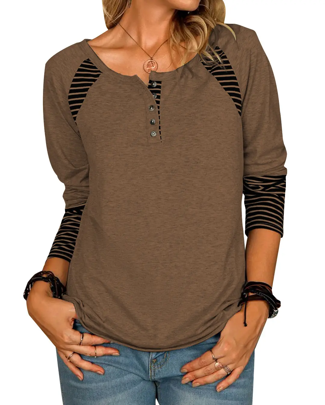 Women Long Sleeve Striped T-Shirt Grey with Button Front - Image 6