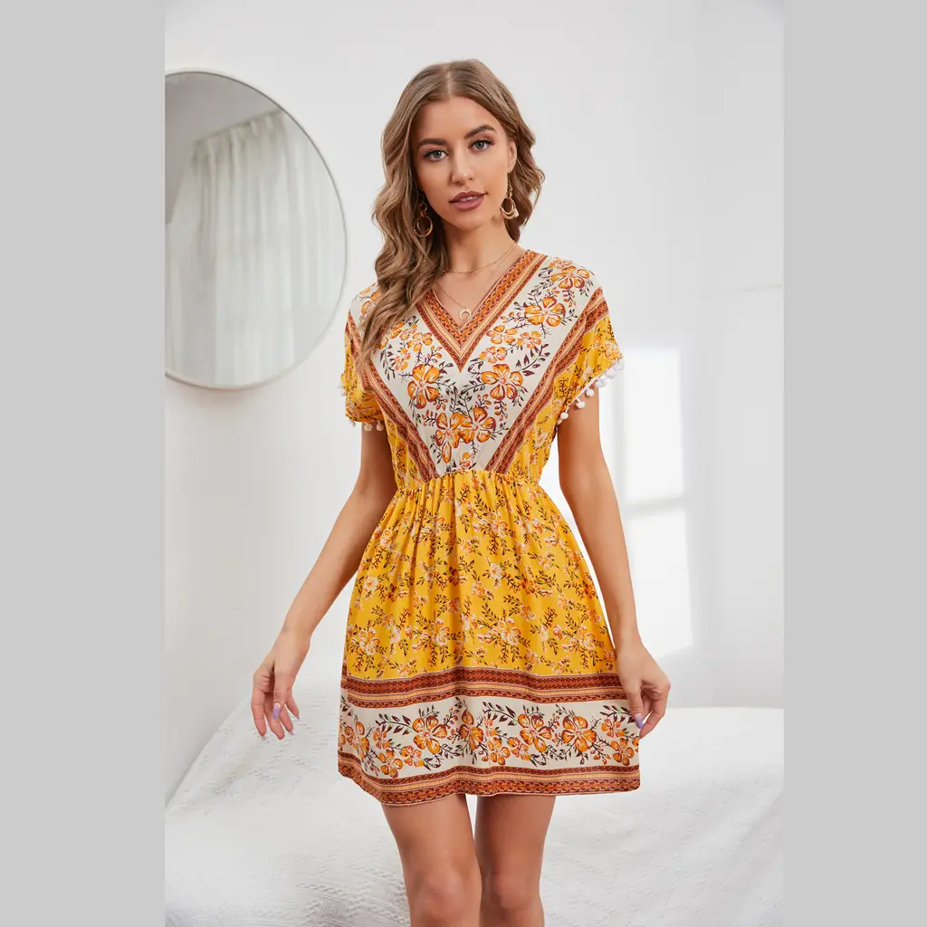 Bohemian Floral V-Neck Dress Yellow Short Sleeve