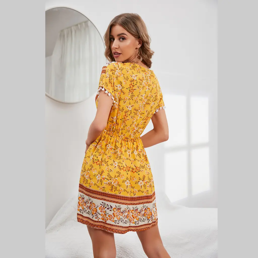 Bohemian Floral V-Neck Dress Yellow Short Sleeve