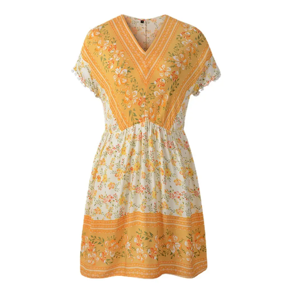 Bohemian Floral V-Neck Dress Yellow Short Sleeve
