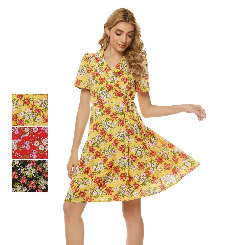 Bohemian Floral V-Neck Dress Yellow Short Sleeve — feature 3