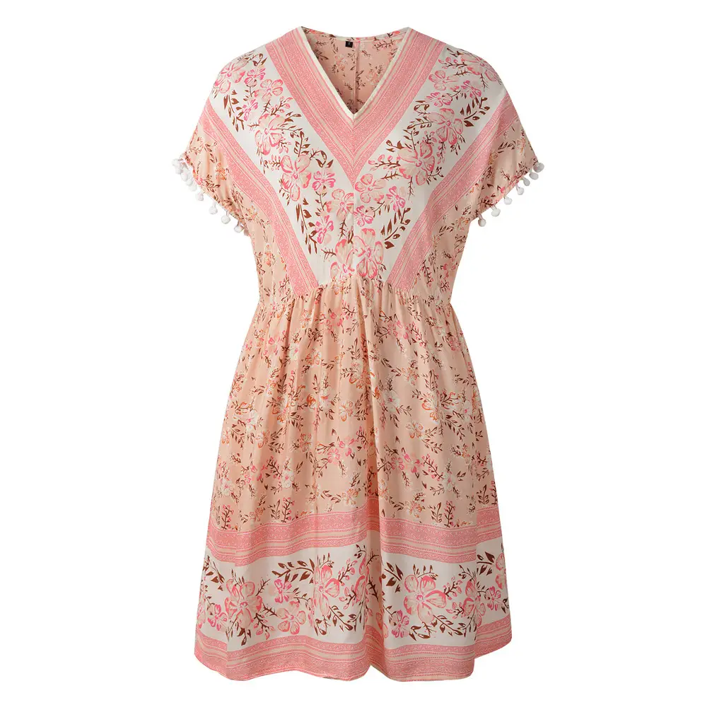 Bohemian Floral V-Neck Dress Yellow Short Sleeve