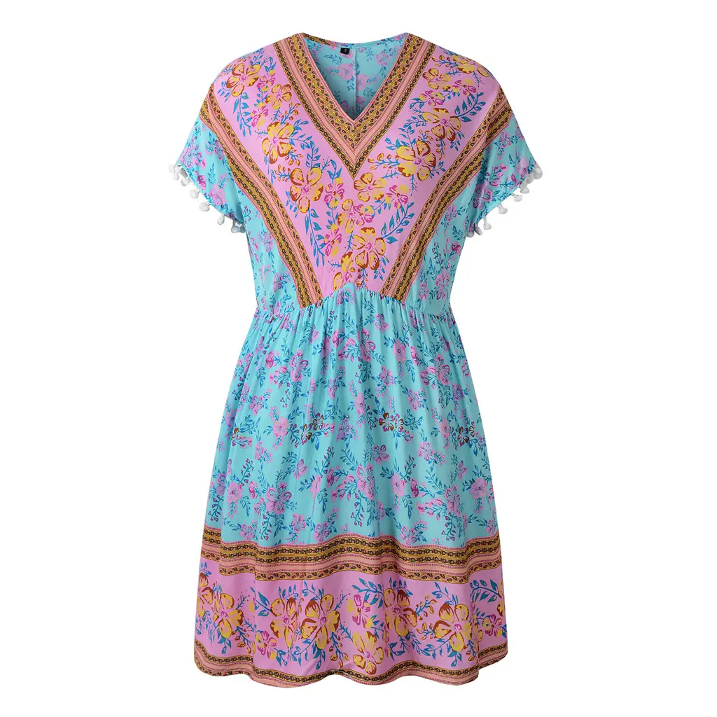 Bohemian Floral V-Neck Dress Yellow Short Sleeve