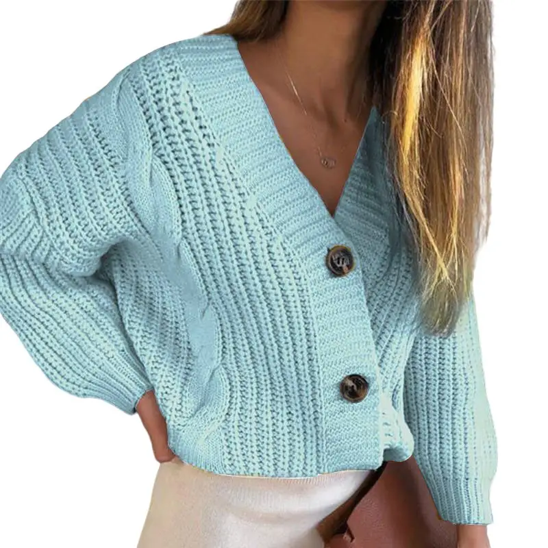 Women Cable Knit Button Sweater Cardigan Cream Large