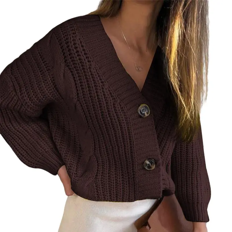 Women Cable Knit Button Sweater Cardigan Cream Large