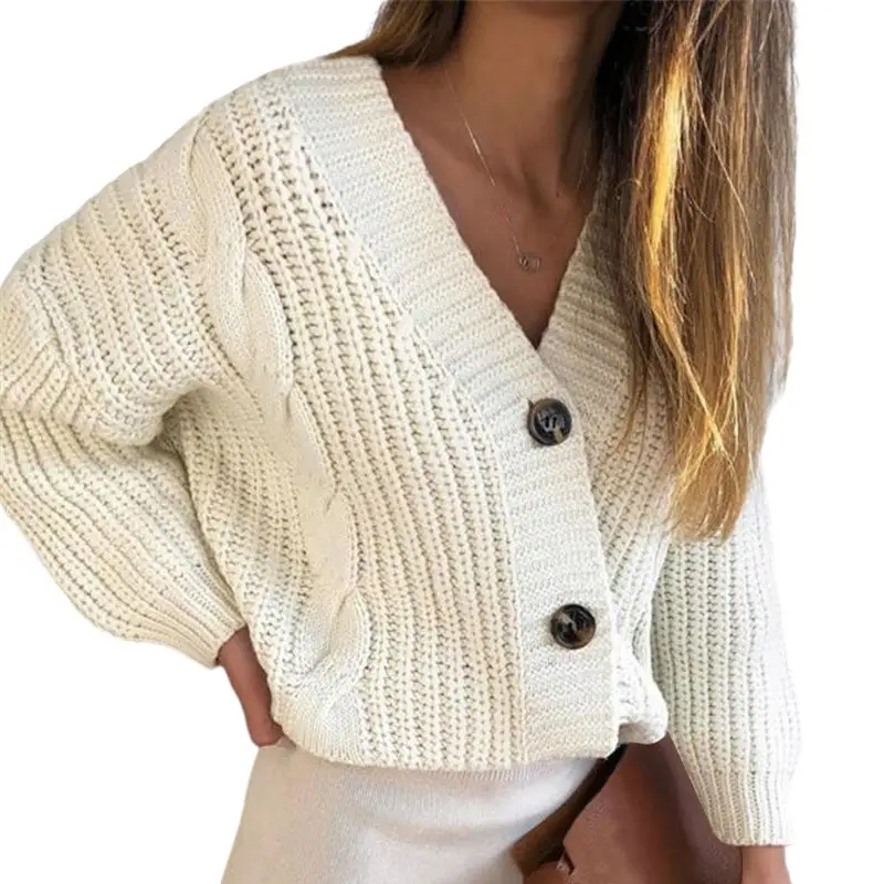 Women Cable Knit Button Sweater Cardigan Cream Large