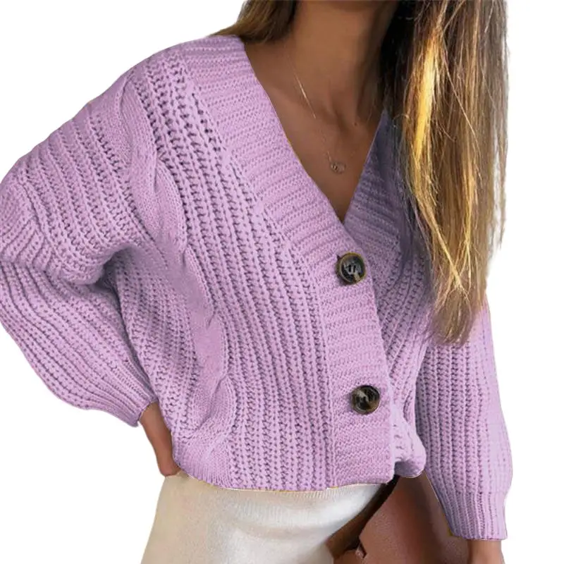 Women Cable Knit Button Sweater Cardigan Cream Large