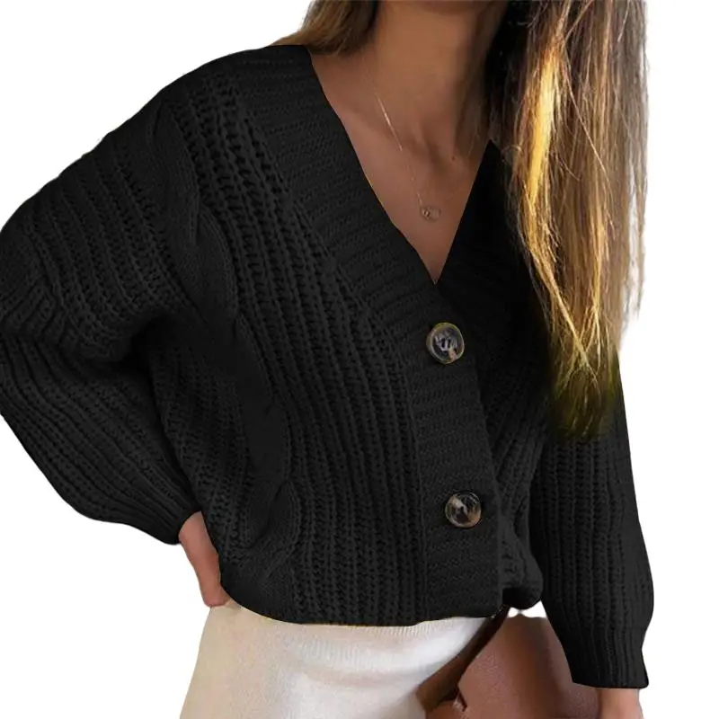 Women Cable Knit Button Sweater Cardigan Cream Large