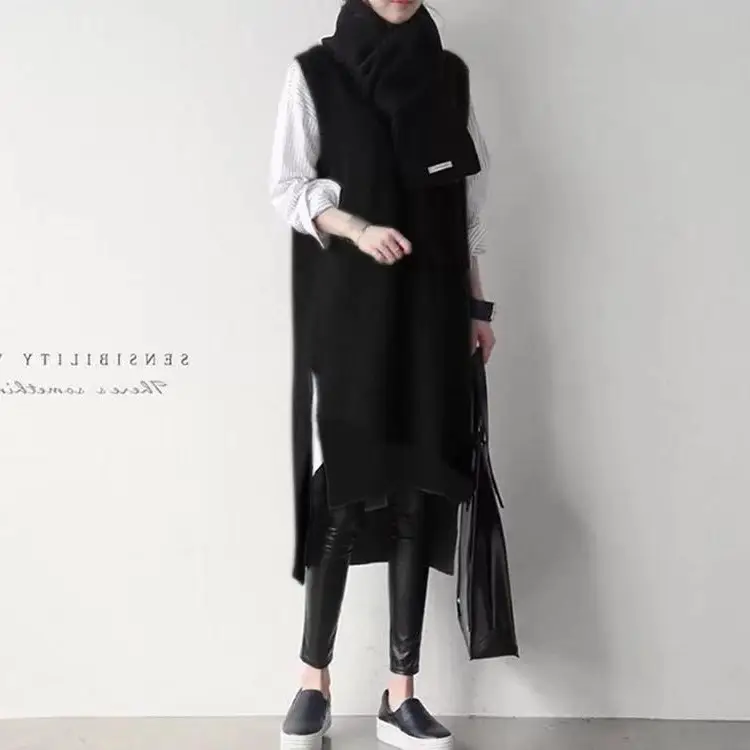 2024 Black Knitted V-Neck Vest Dress with Long Scarf - Image 2