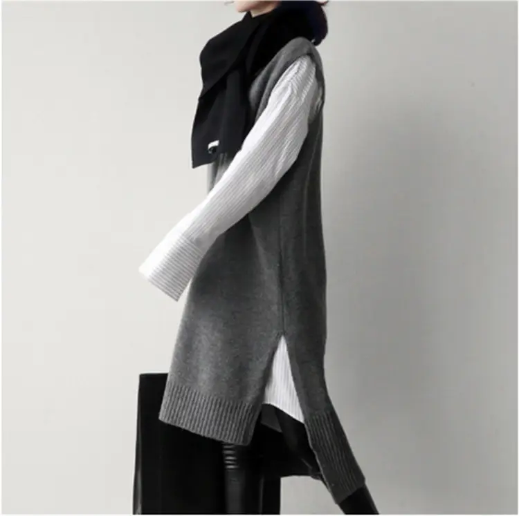 2024 Black Knitted V-Neck Vest Dress with Long Scarf - Image 4